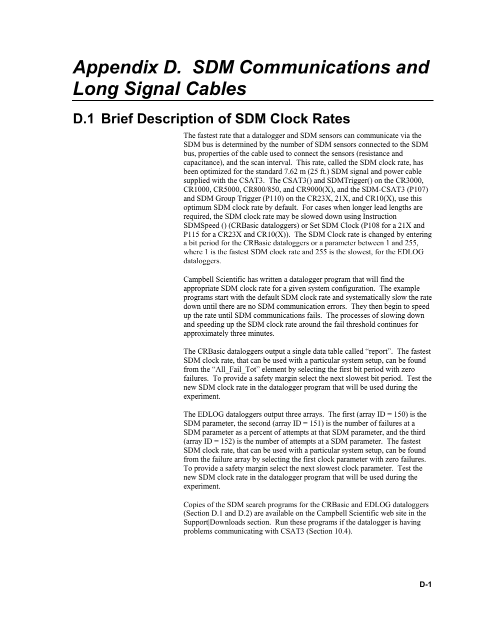 D.1 brief description of sdm clock rates, Sdm communications and long signal cables .. d-1 | Campbell Scientific CSAT3 3-D Sonic Anemometer User Manual | Page 69 / 74