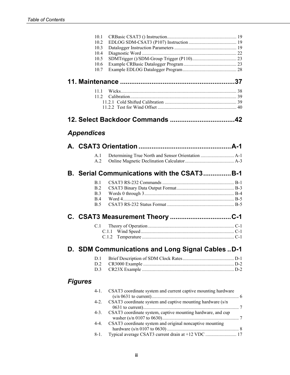 Maintenance, Select backdoor commands, Appendices a | Sdm communications and long signal cables .. d-1, Figures | Campbell Scientific CSAT3 3-D Sonic Anemometer User Manual | Page 8 / 74