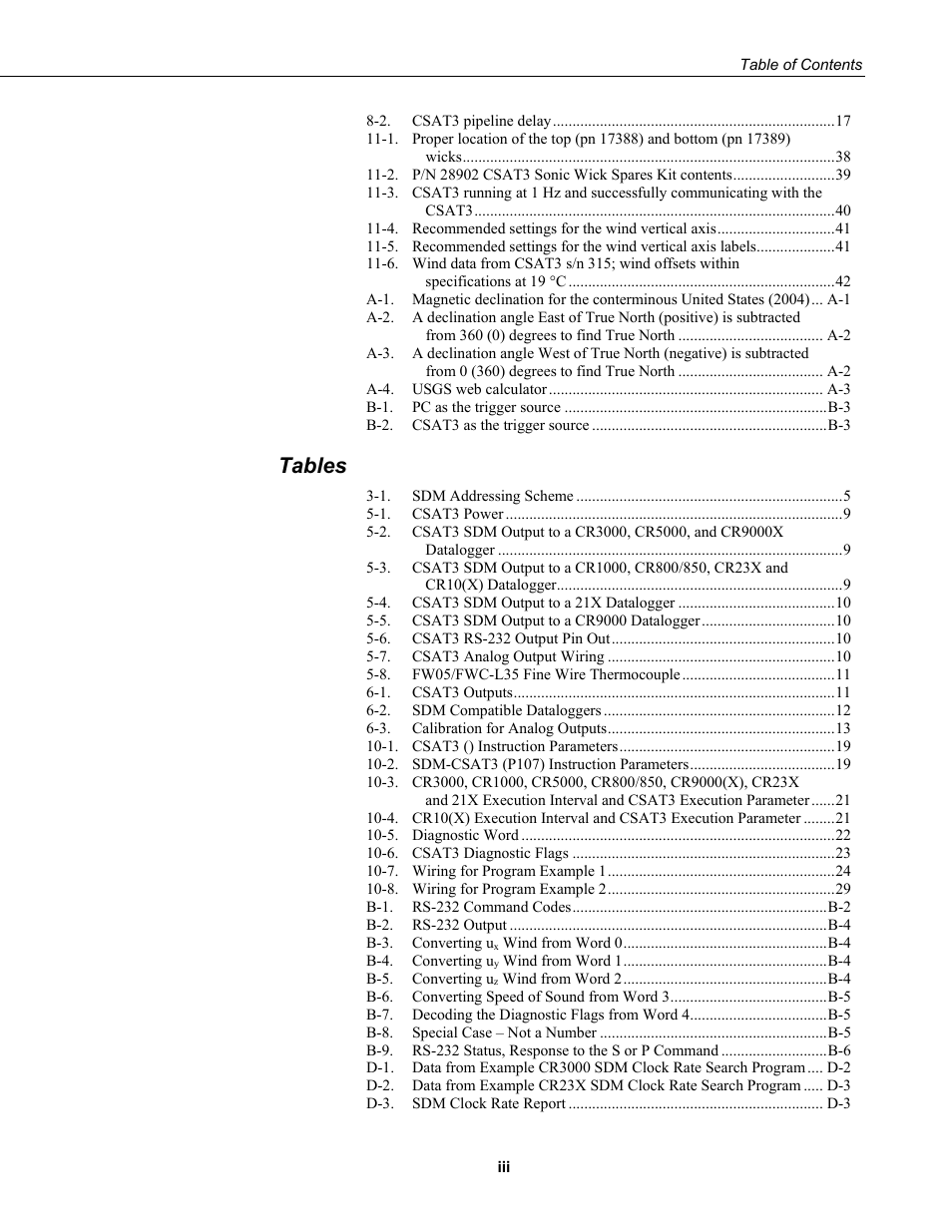 Tables | Campbell Scientific CSAT3 3-D Sonic Anemometer User Manual | Page 9 / 74