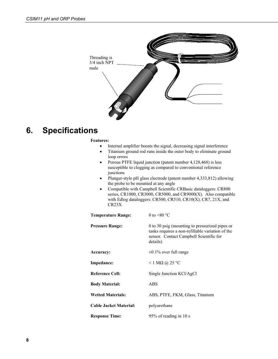Specifications | Campbell Scientific CSIM11 pH and ORP Sensors User Manual | Page 16 / 34