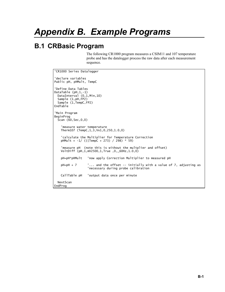 Appendix b. example programs, B.1 crbasic program, Appendix b | Campbell Scientific CSIM11 pH and ORP Sensors User Manual | Page 27 / 34
