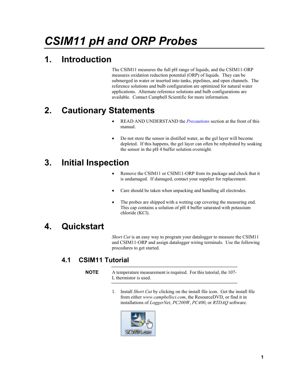 Introduction, Cautionary statements, Initial inspection | Quickstart, 1 csim11 tutorial, Csim11 tutorial, Csim11 ph and orp probes | Campbell Scientific CSIM11 pH and ORP Sensors User Manual | Page 9 / 34
