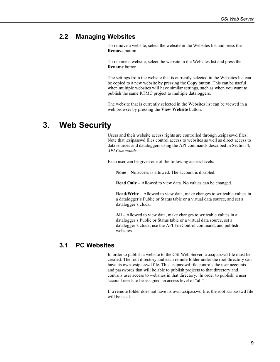 2 managing websites, Web security, 1 pc websites | Managing websites, Pc websites | Campbell Scientific CSI Web Server User Manual | Page 15 / 34