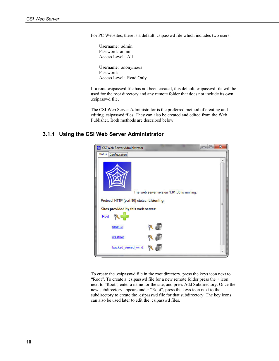 1 using the csi web server administrator, Using the csi web server administrator | Campbell Scientific CSI Web Server User Manual | Page 16 / 34