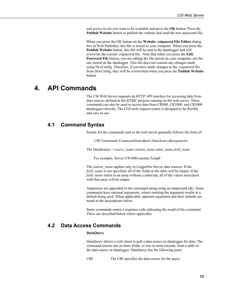 Api commands, 1 command syntax, 2 data access commands | Command syntax, Data access commands | Campbell Scientific CSI Web Server User Manual | Page 19 / 34