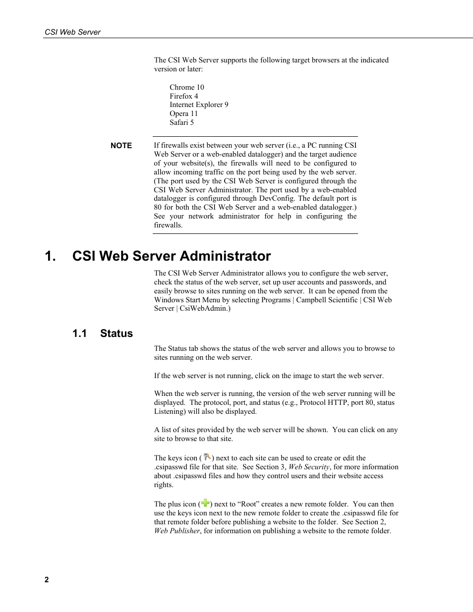 Csi web server administrator, 1 status, Status | Campbell Scientific CSI Web Server User Manual | Page 8 / 34