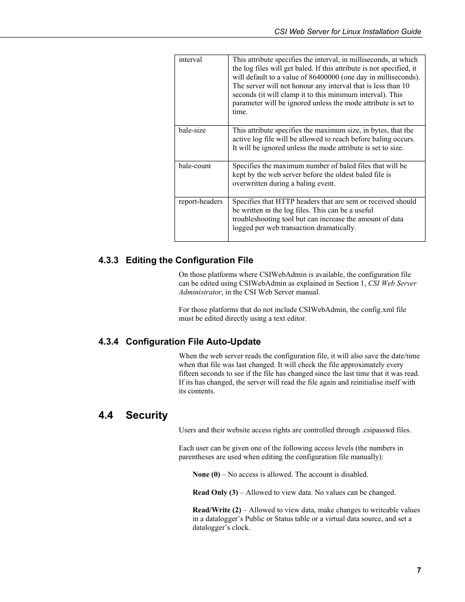 3 editing the configuration file, 4 configuration file auto-update, 4 security | Editing the configuration file, Configuration file auto-update, Security | Campbell Scientific CSI Web Server for Linux Installation Guide User Manual | Page 11 / 16