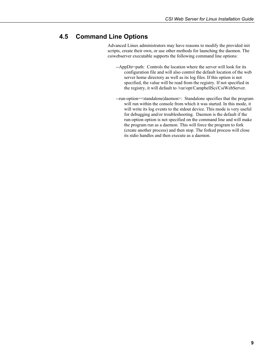 5 command line options, Command line options | Campbell Scientific CSI Web Server for Linux Installation Guide User Manual | Page 13 / 16