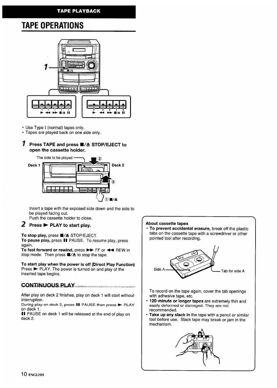 Tape operations | Aiwa CA-DW635 User Manual | Page 10 / 52