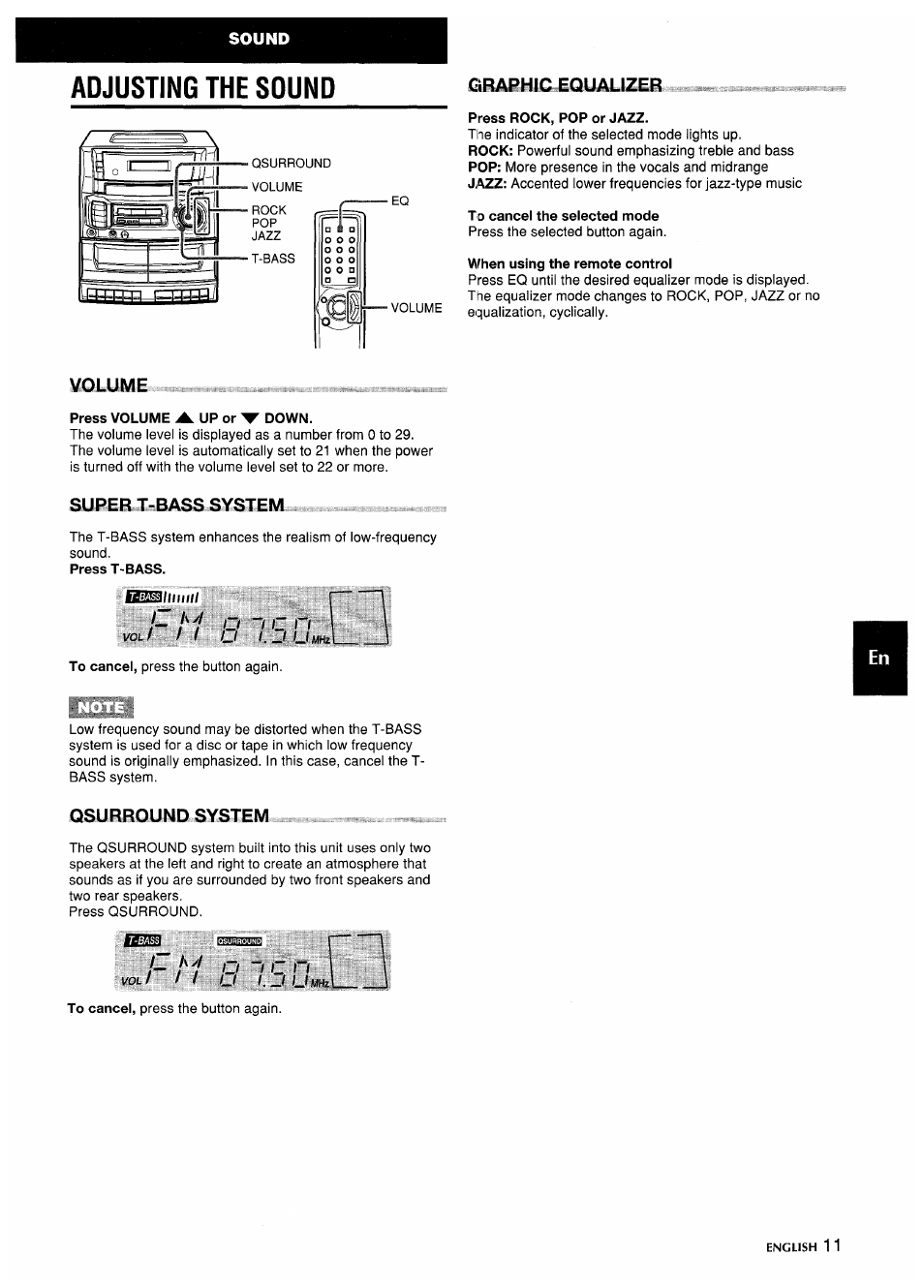 Adjusting the sound, Press rock, pop or jazz, To cancel the selected mode | When using the remote control, Molyme, Press volume .a. up or ▼ down, Suiieaj:..bass system, Qsureoumd system, L-l'l 8, H'l o ~i c i~i | Aiwa CA-DW635 User Manual | Page 11 / 52