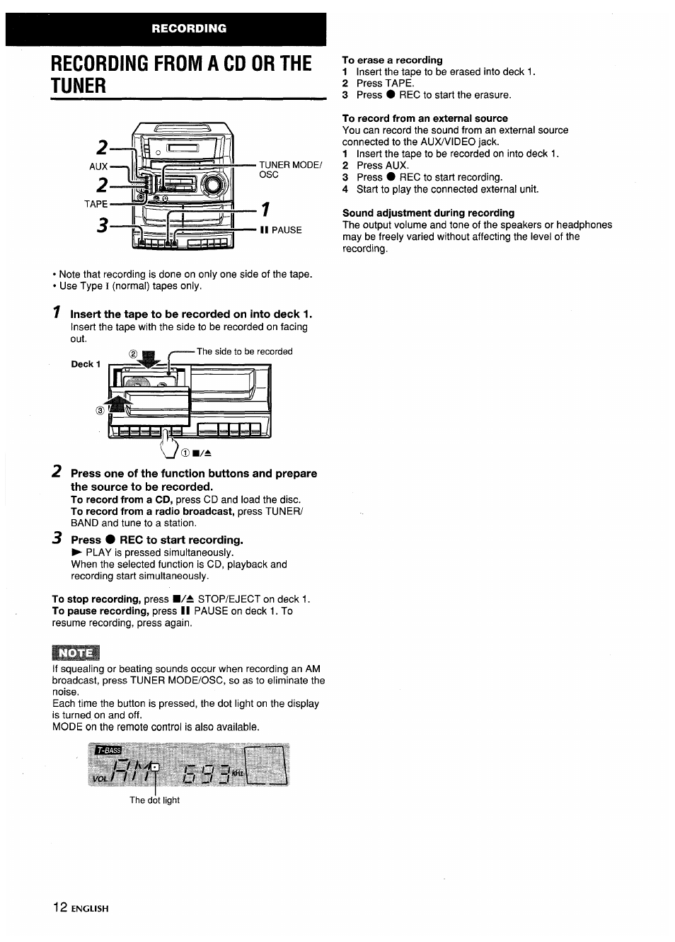 Recording from a cd or the tuner, To erase a recording, To record from an external source | Sound adjustment during recording, B ‘el | Aiwa CA-DW635 User Manual | Page 12 / 52