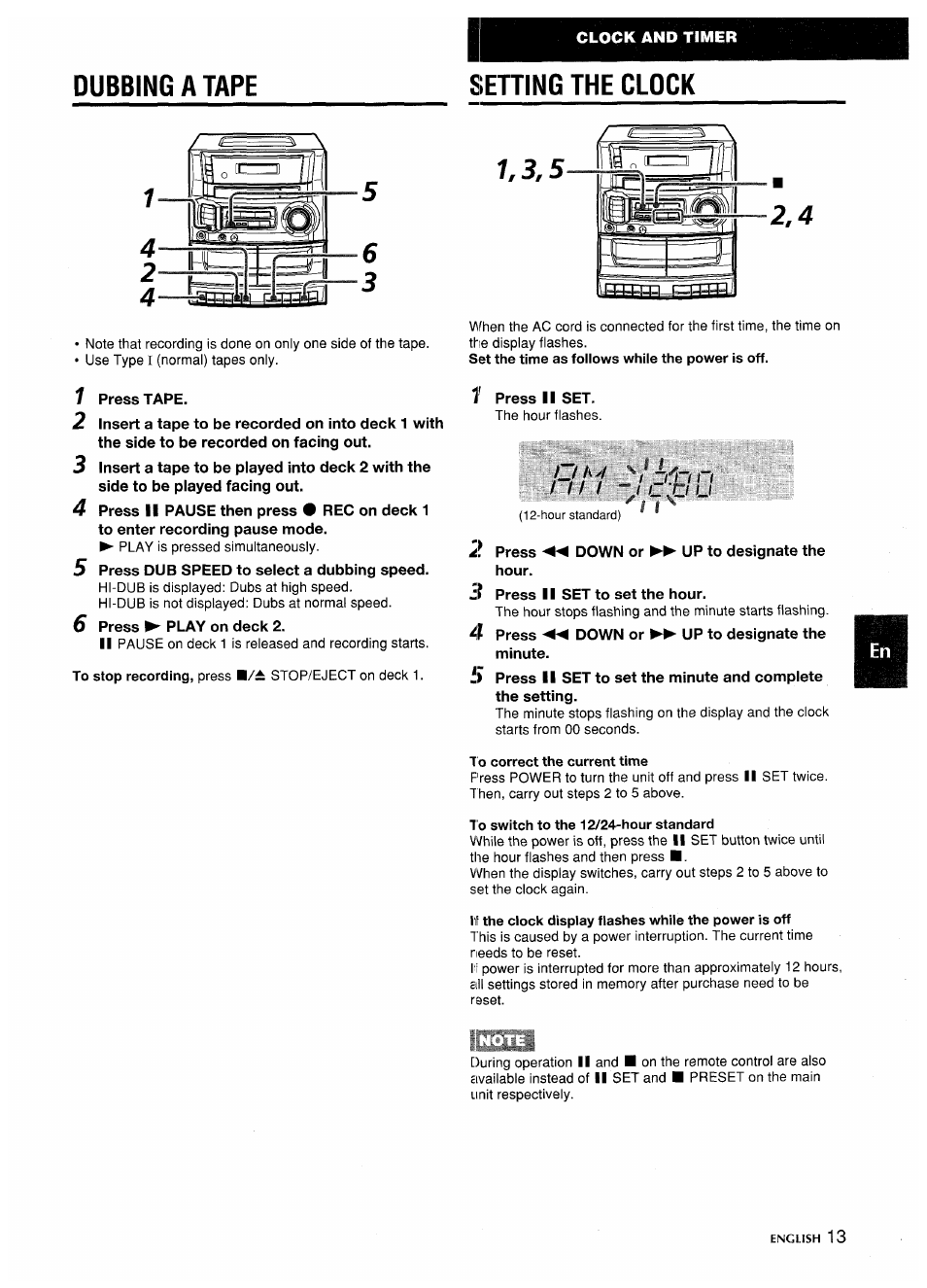 Setting the clock, T o correct the current time, To switch to the 12/24-hour standard | Dubbing a tape setting the clock | Aiwa CA-DW635 User Manual | Page 13 / 52