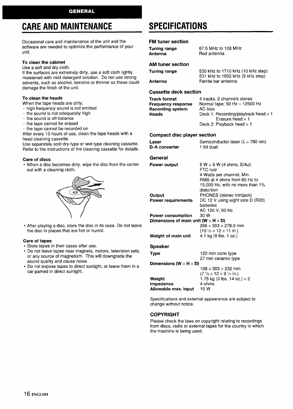 Care and maintenance, Specifications, To clean the cabinet | To clean the heads, Care of discs, Care of tapes, Antenna, Laser, Output, Power consumption | Aiwa CA-DW635 User Manual | Page 16 / 52