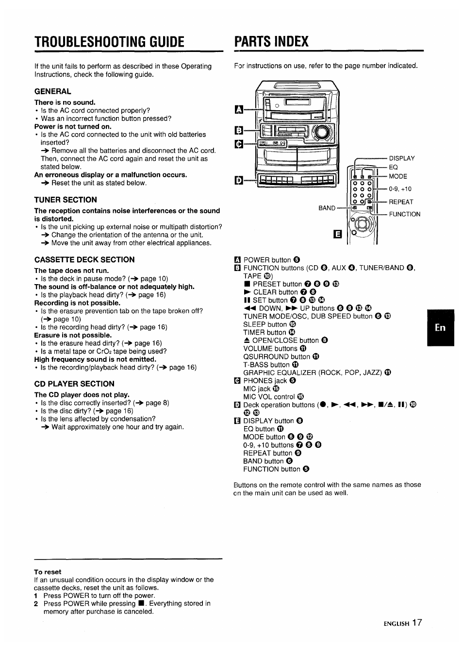 There is no sound, To reset, Troubleshooting guide f*arts index | Aiwa CA-DW635 User Manual | Page 17 / 52