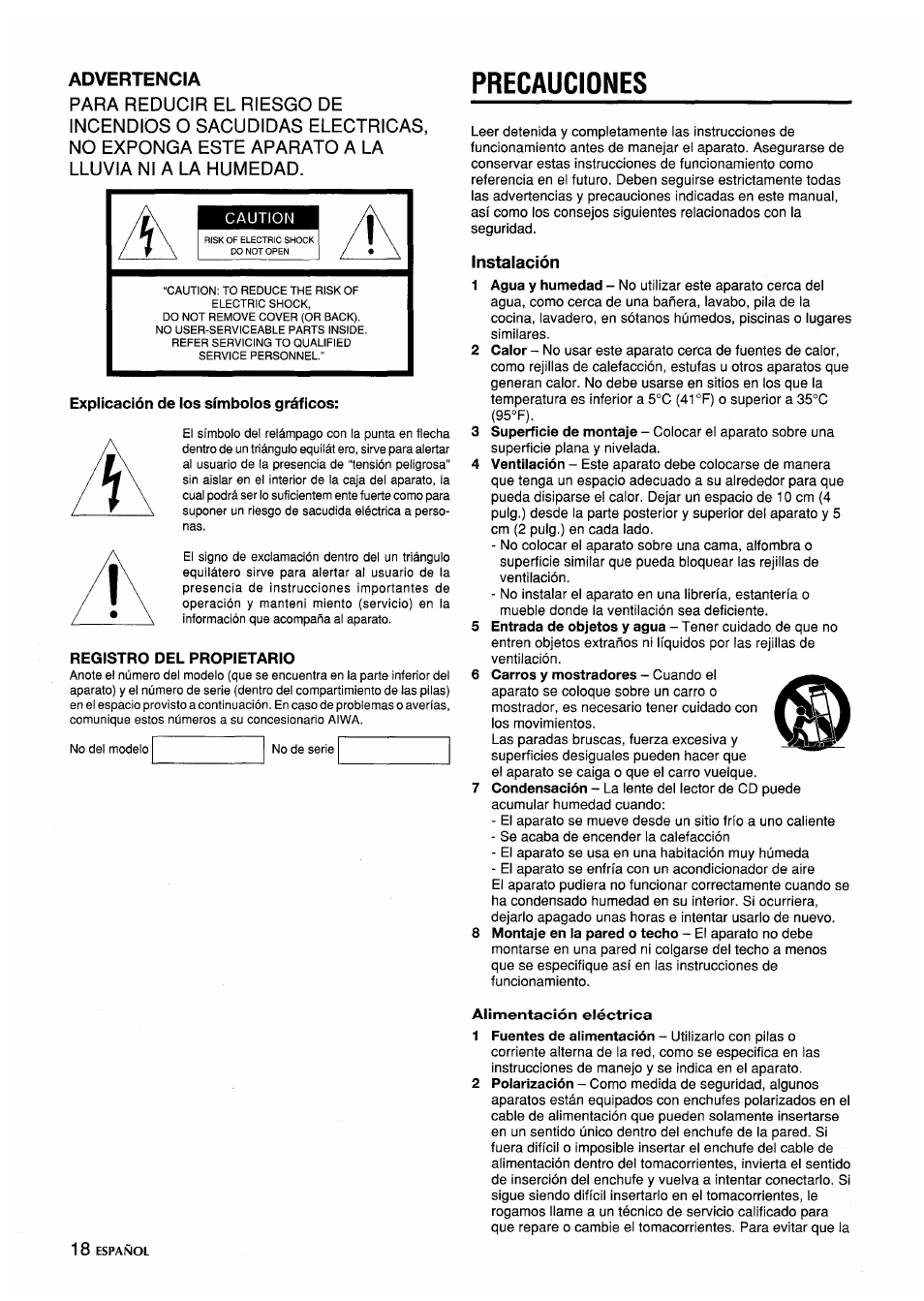 Precauciones | Aiwa CA-DW635 User Manual | Page 18 / 52