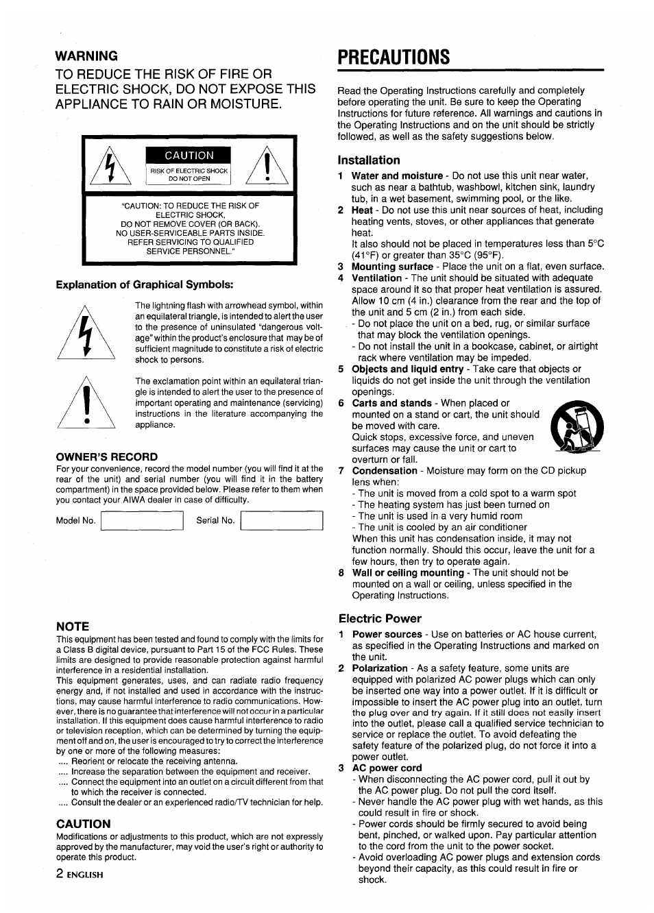 Precautions | Aiwa CA-DW635 User Manual | Page 2 / 52