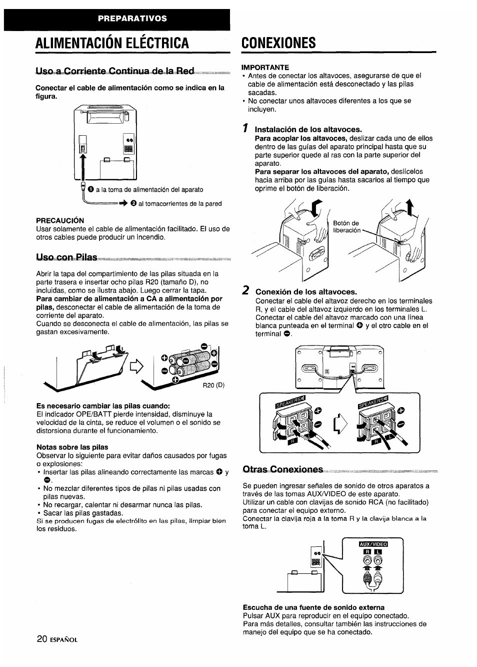 Alimentacion electrica, Precaución, Es necesario cambiar las pilas cuando | Notas sobre las pilas, Importante, Jqtka&conexioiies, Escucha de una fuente de sonido externa, Alimentación eléctrica, Alimentacion electrica conexiones | Aiwa CA-DW635 User Manual | Page 20 / 52