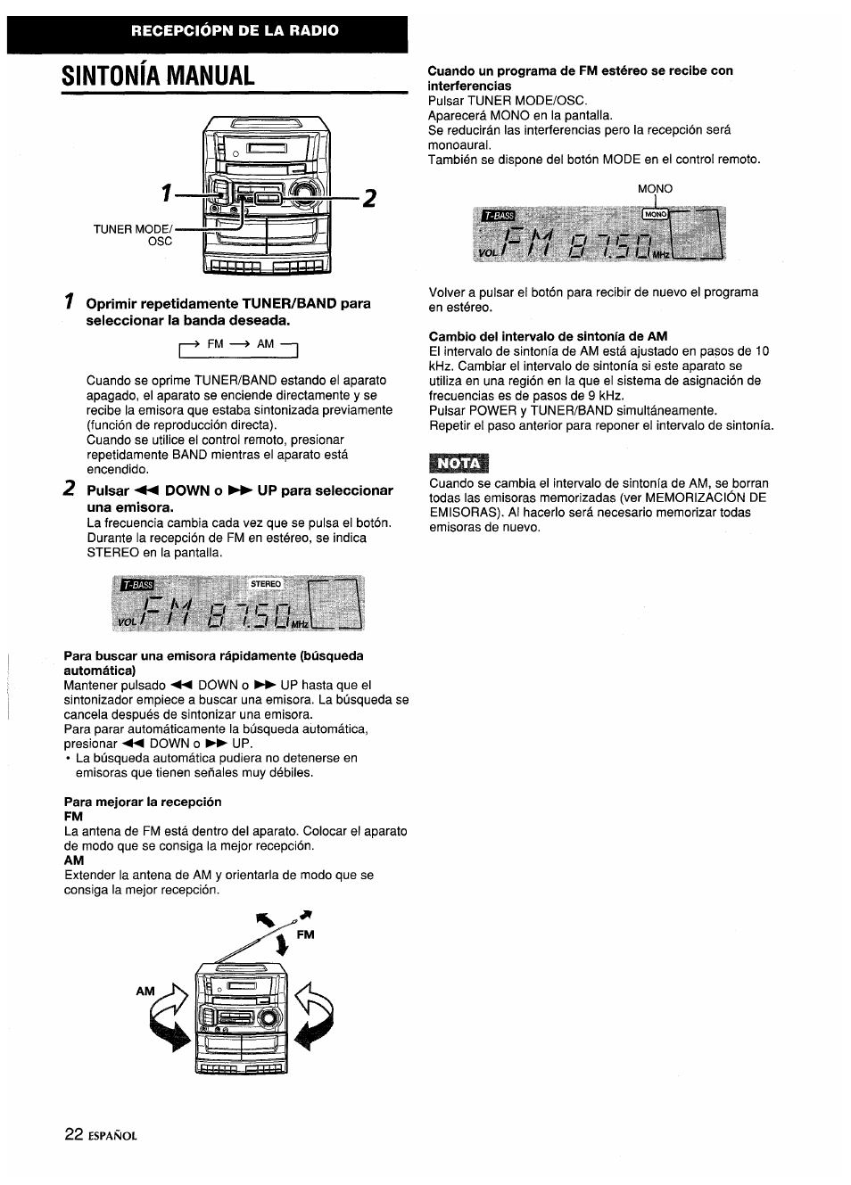 Sintonia manual, Cambio del intervalo de sintonía de am, Para mejorar la recepción fm | Sintonía manual, Hn 8, J p 1 q | Aiwa CA-DW635 User Manual | Page 22 / 52