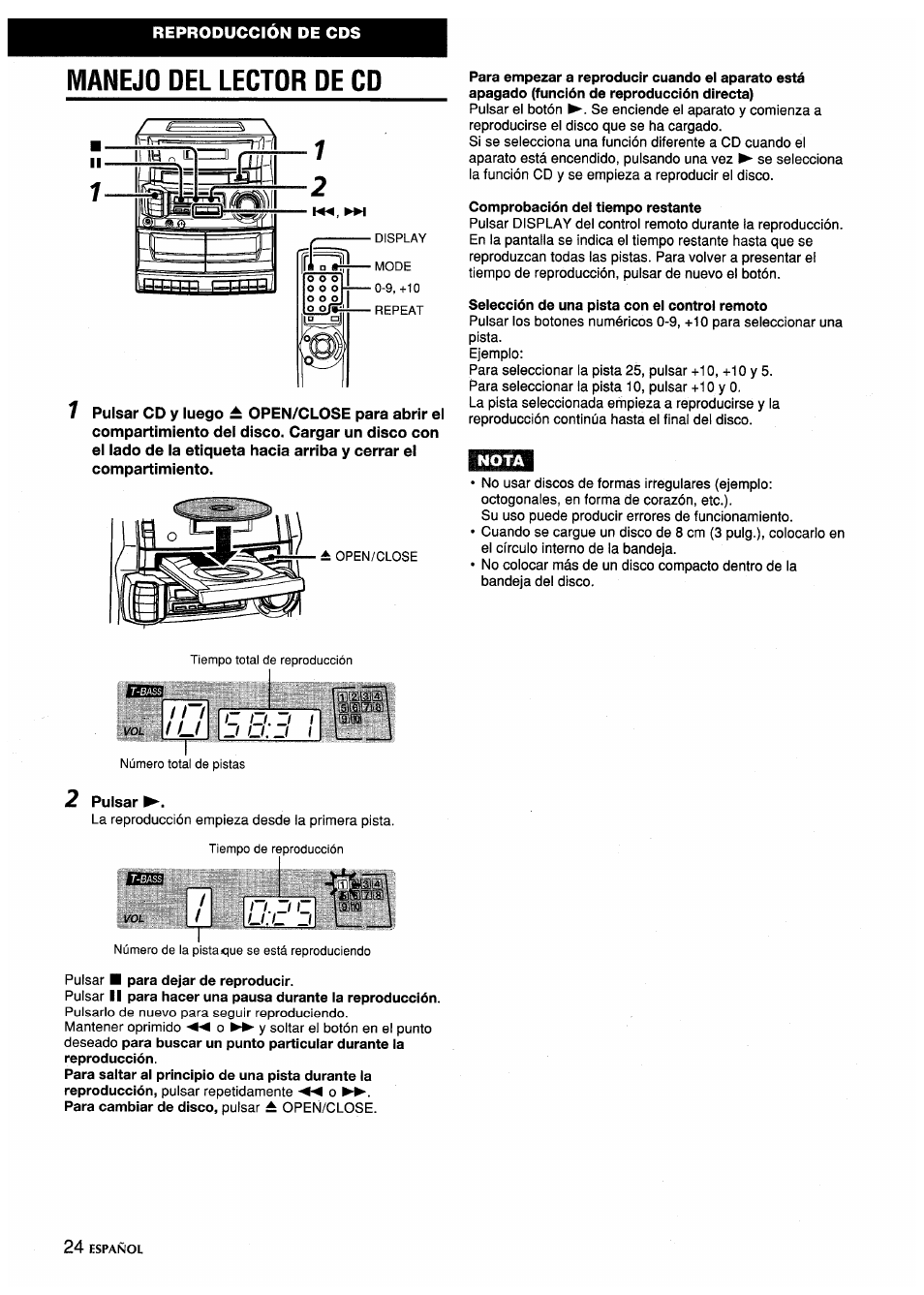 Manejo del lector de cd, Comprobación del tiempo restante, Selección de una pista con el control remoto | Pulsar ■ para dejar de reproducir | Aiwa CA-DW635 User Manual | Page 24 / 52