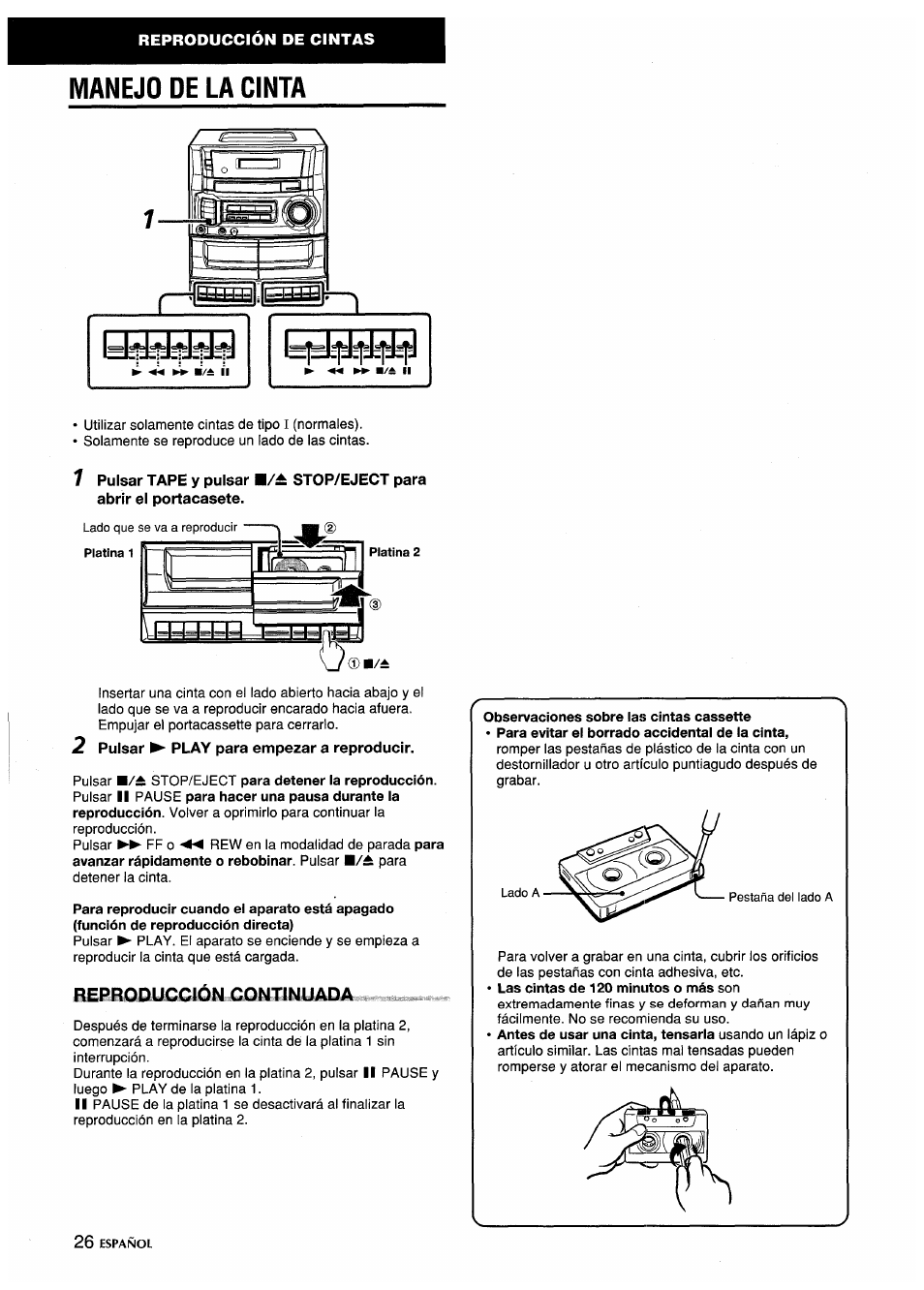 Manejo de la cinta, Bebiüojoyuy^qlióuirlwoimhii^lluy^^la | Aiwa CA-DW635 User Manual | Page 26 / 52