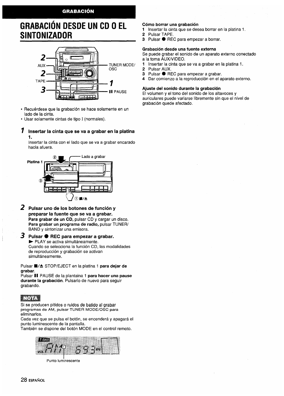 Grabacion desde un cd o el sintonizador | Aiwa CA-DW635 User Manual | Page 28 / 52