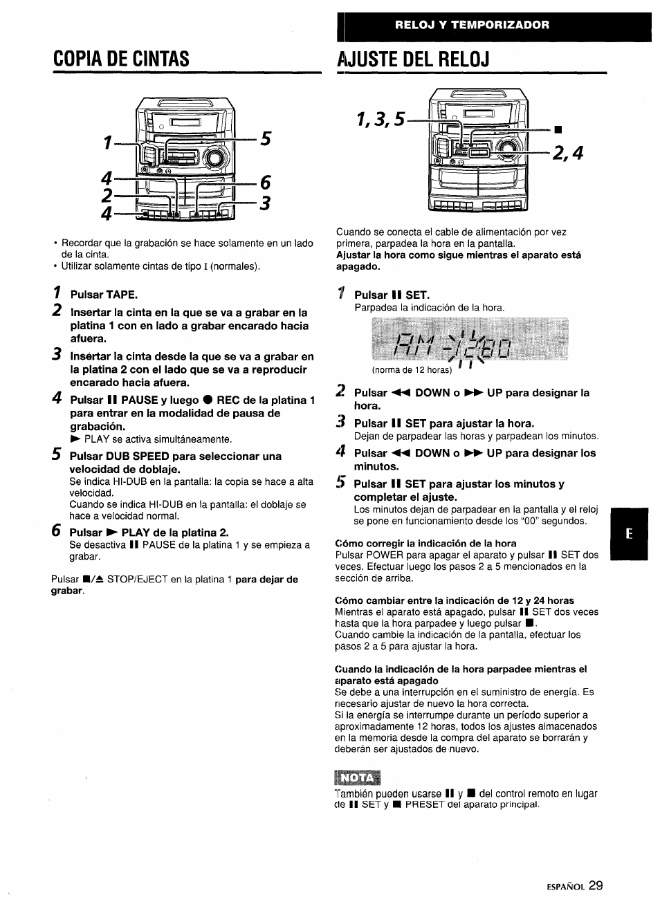 Copia de cintas, Muste del reloj, Ajuste del reloj | Copia de cintas muste del reloj | Aiwa CA-DW635 User Manual | Page 29 / 52