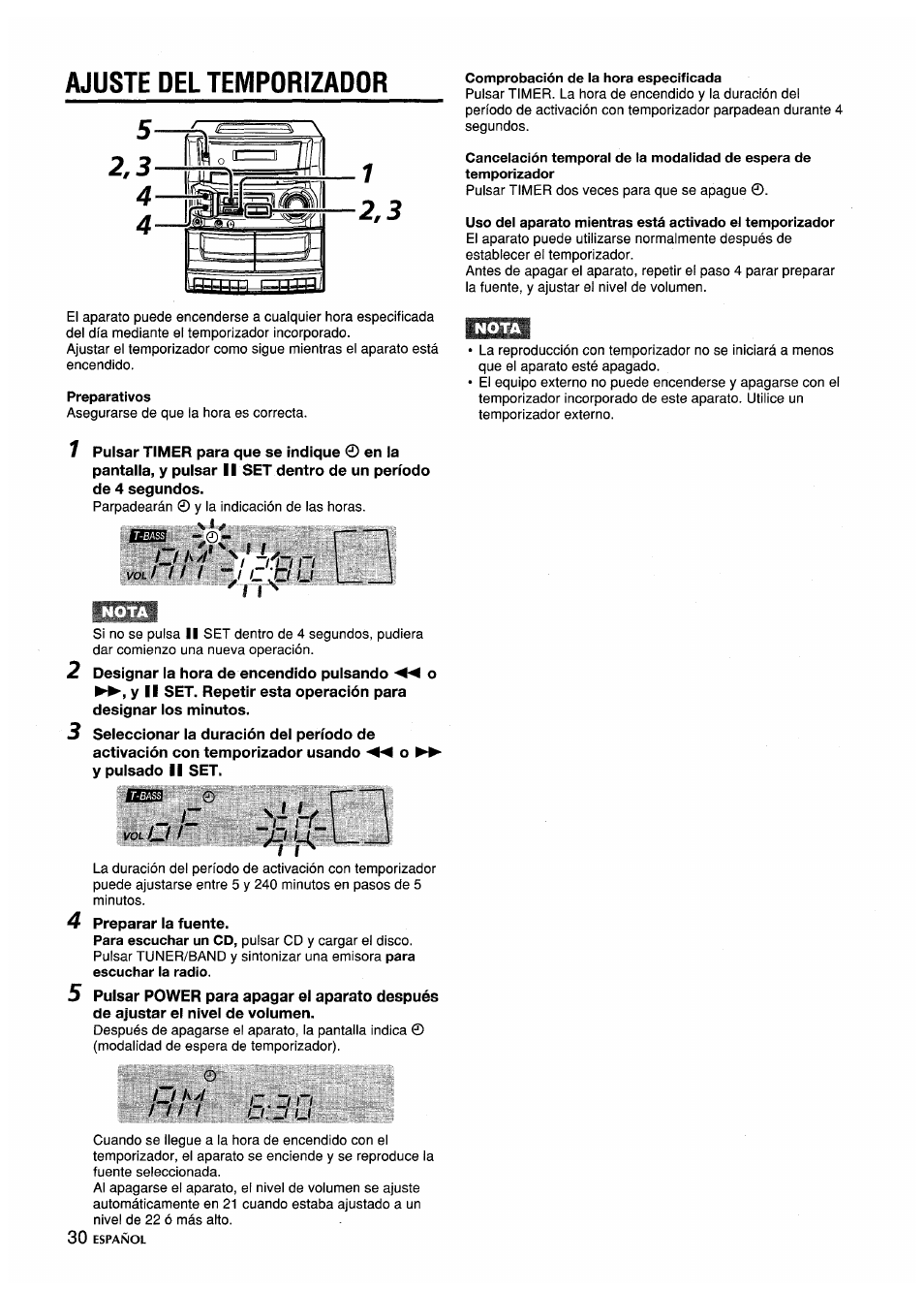 Ajuste del temporizador, O a>/ / n, I i- ..o u | Aiwa CA-DW635 User Manual | Page 30 / 52