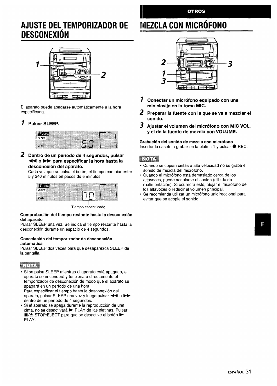 Ajuste del temporizador de desconexión, Mezcla con microfono, Mezcla con micrófono | Aiwa CA-DW635 User Manual | Page 31 / 52