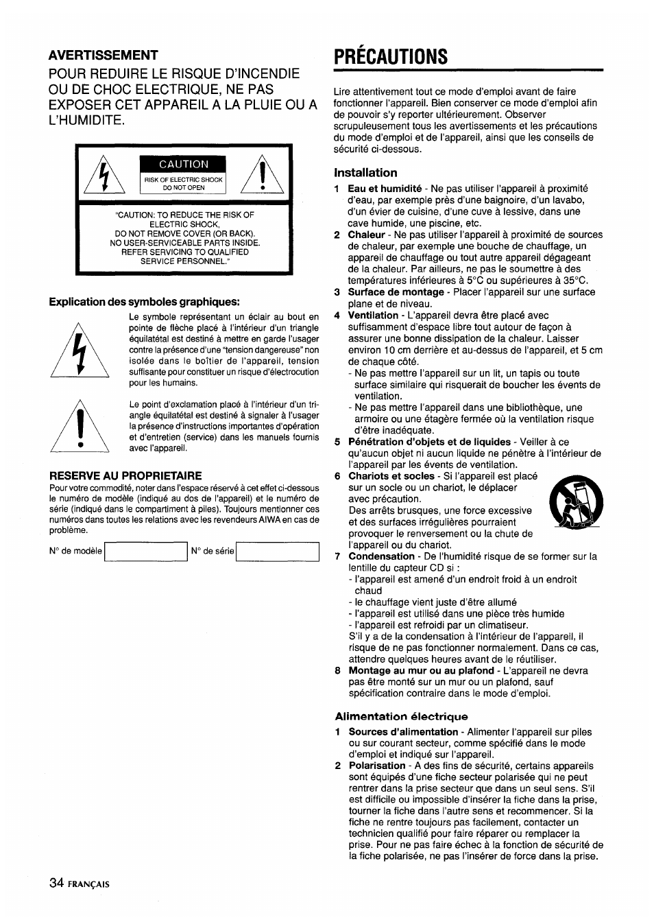 Precautions | Aiwa CA-DW635 User Manual | Page 34 / 52