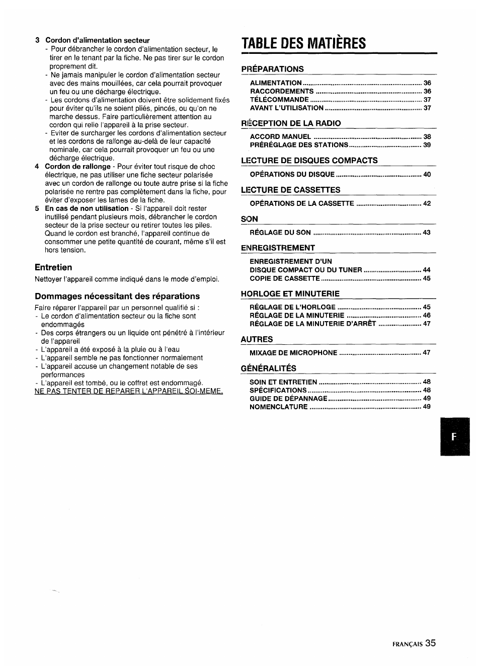 Table des matieres | Aiwa CA-DW635 User Manual | Page 35 / 52