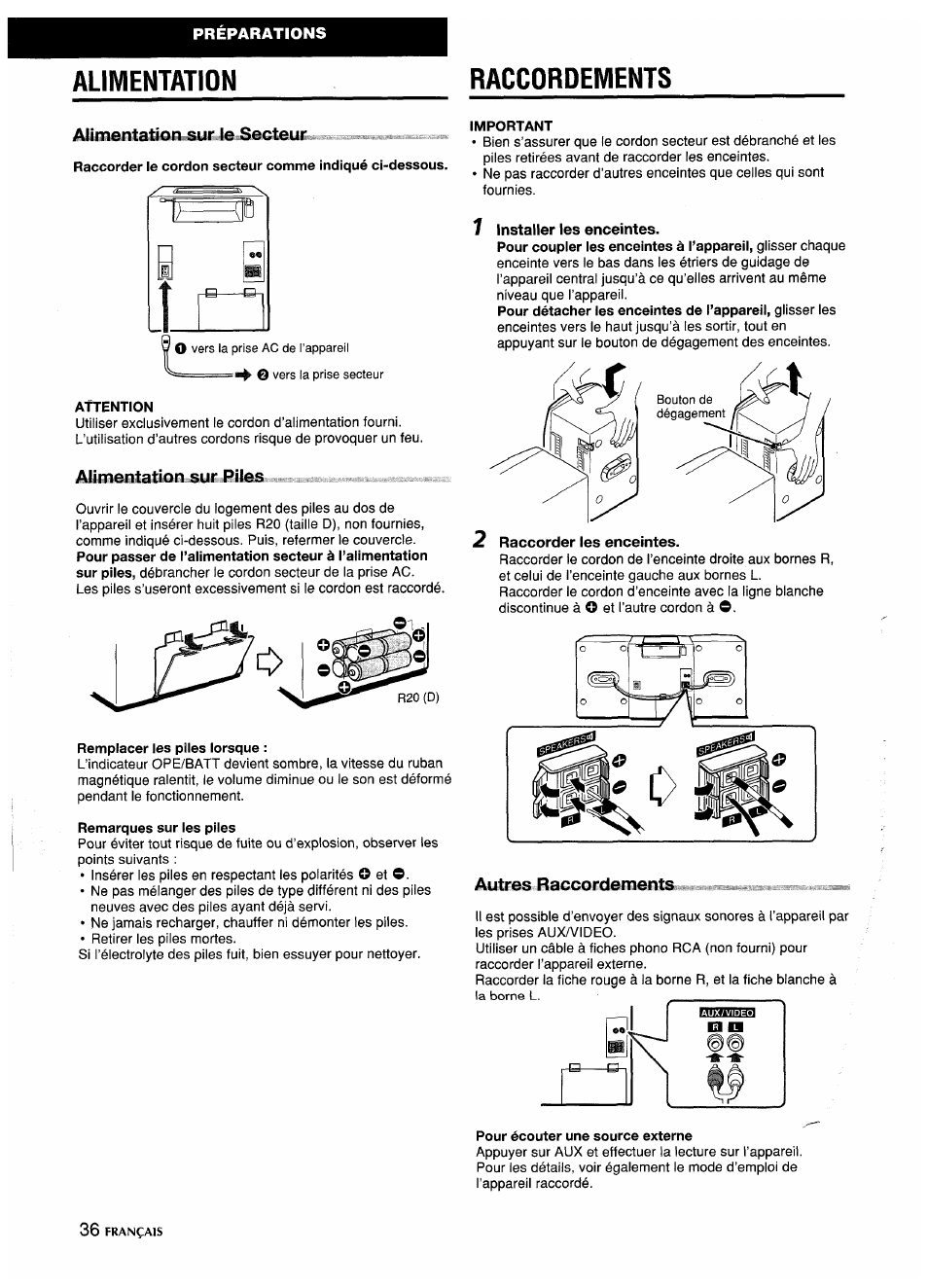 Raccordements, Aliaibntatiâeii5y£ibiiiaa, Autres raccordemeiits.<i | Alimentation raccordements | Aiwa CA-DW635 User Manual | Page 36 / 52