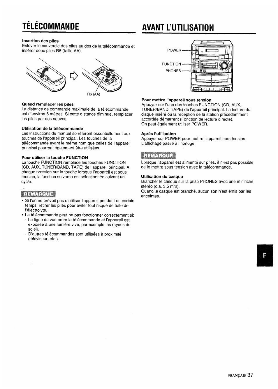 Telecommande, Avant l’utilisation | Aiwa CA-DW635 User Manual | Page 37 / 52