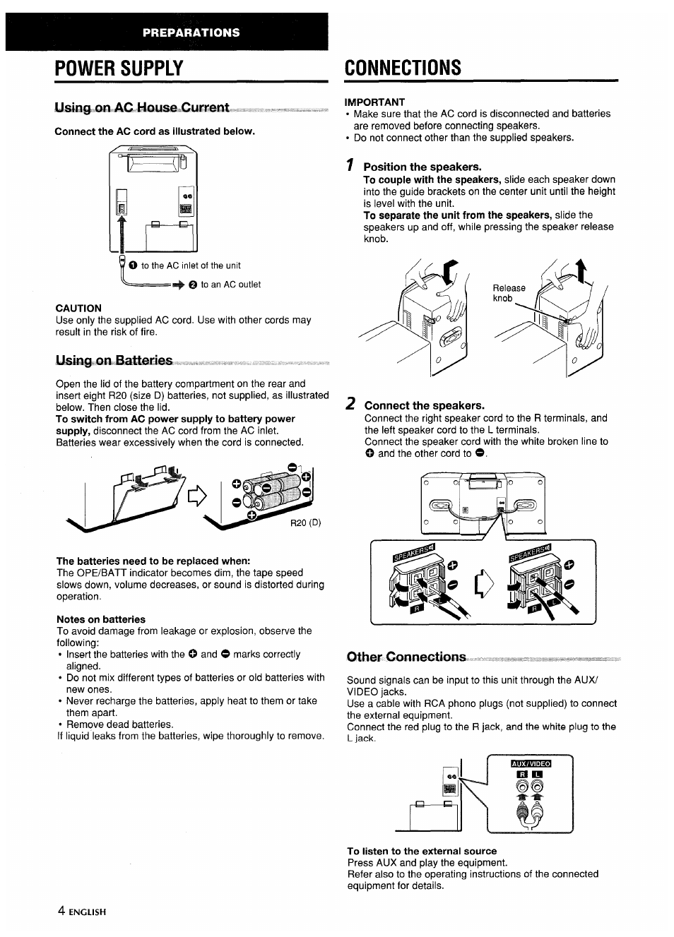 Power supply, Connections, Usiiigi<.ar.^jyc..mquse<.giii'ke | Connect the ac cord as illustrated below, Caution, Ysirg.ai]ejia.tteiles, The batteries need to be replaced when, Notes on batteries, Important, 1 position the speakers | Aiwa CA-DW635 User Manual | Page 4 / 52