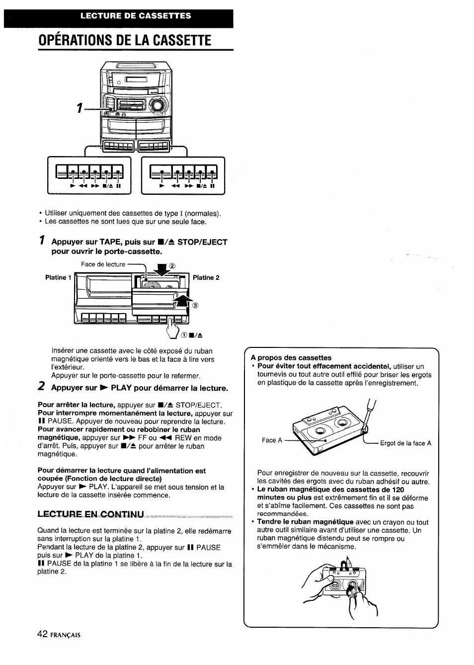 Operations de la cassehe, Lecttyfie,.em comtlinu, Opérations de la cassette | Aiwa CA-DW635 User Manual | Page 42 / 52