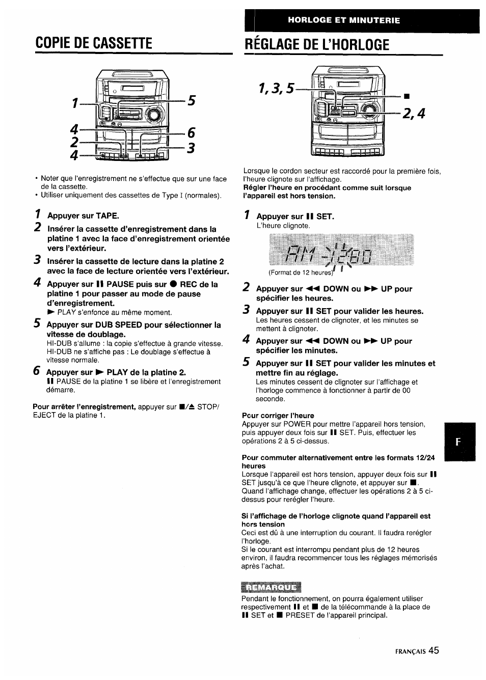 Reglage de lhorloge, Réglage de l’horloge, Copie de cassehe | Reglage de lhorloge 6 | Aiwa CA-DW635 User Manual | Page 45 / 52