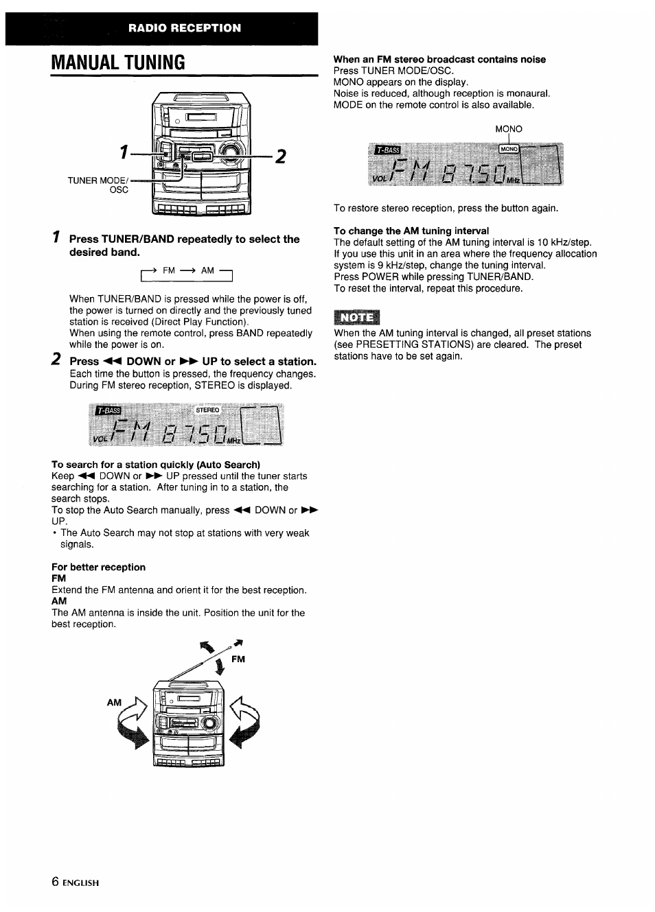 Manual tuning, When an fm stereo broadcast contains noise, To change the am tuning intervai | To search for a station quickly (auto search), For better reception fm | Aiwa CA-DW635 User Manual | Page 6 / 52