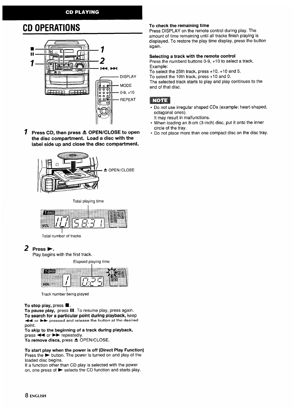 Cd operations, To check the remaining time, Selecting a track with the remote control | Aiwa CA-DW635 User Manual | Page 8 / 52