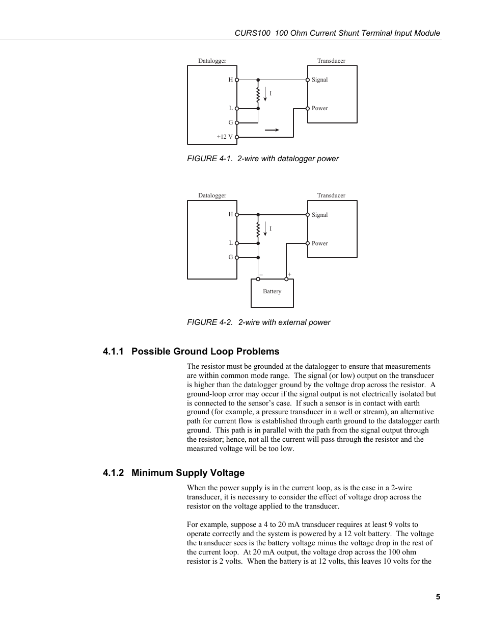 1 possible ground loop problems, 2 minimum supply voltage, Possible ground loop problems | Minimum supply voltage, 1. 2-wire with datalogger power, 2. 2-wire with external power | Campbell Scientific CURS100 100 Ohm Current Shunt Terminal Input Module User Manual | Page 11 / 18