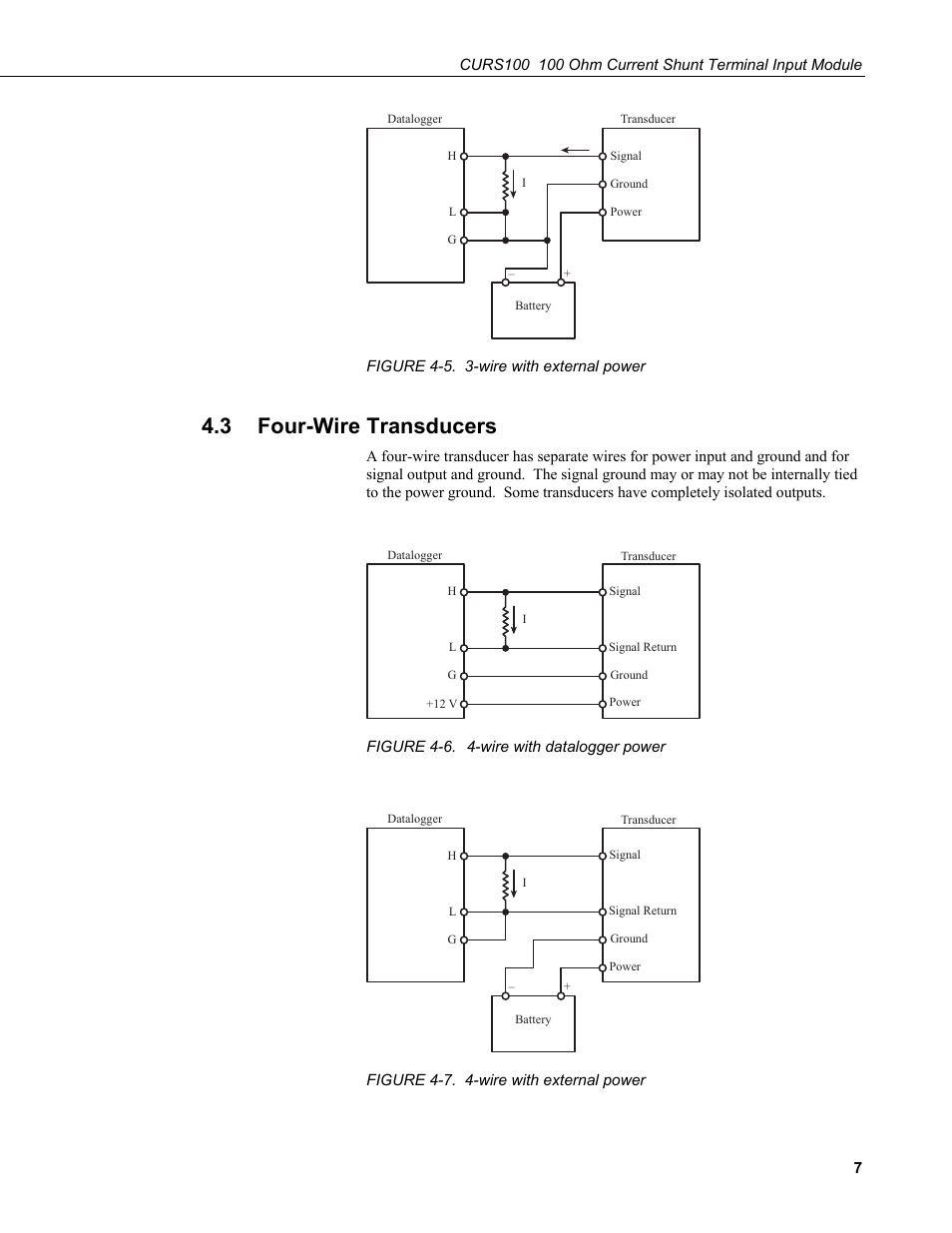 3 four-wire transducers, Four-wire transducers, 5. 3-wire with external power | 6. 4-wire with datalogger power, 7. 4-wire with external power | Campbell Scientific CURS100 100 Ohm Current Shunt Terminal Input Module User Manual | Page 13 / 18