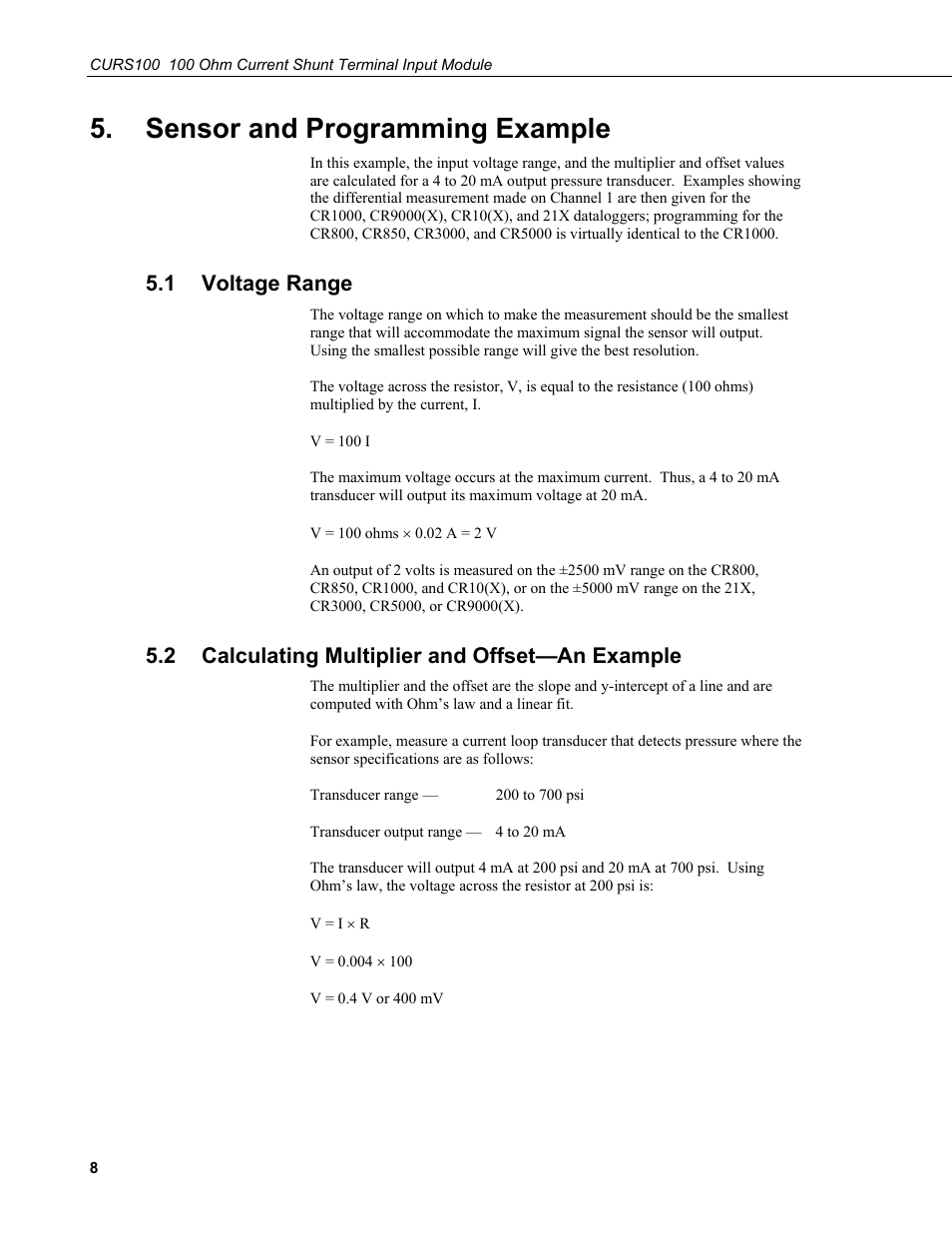 Sensor and programming example, 1 voltage range, 2 calculating multiplier and offset—an example | Voltage range, Calculating multiplier and offset—an example | Campbell Scientific CURS100 100 Ohm Current Shunt Terminal Input Module User Manual | Page 14 / 18