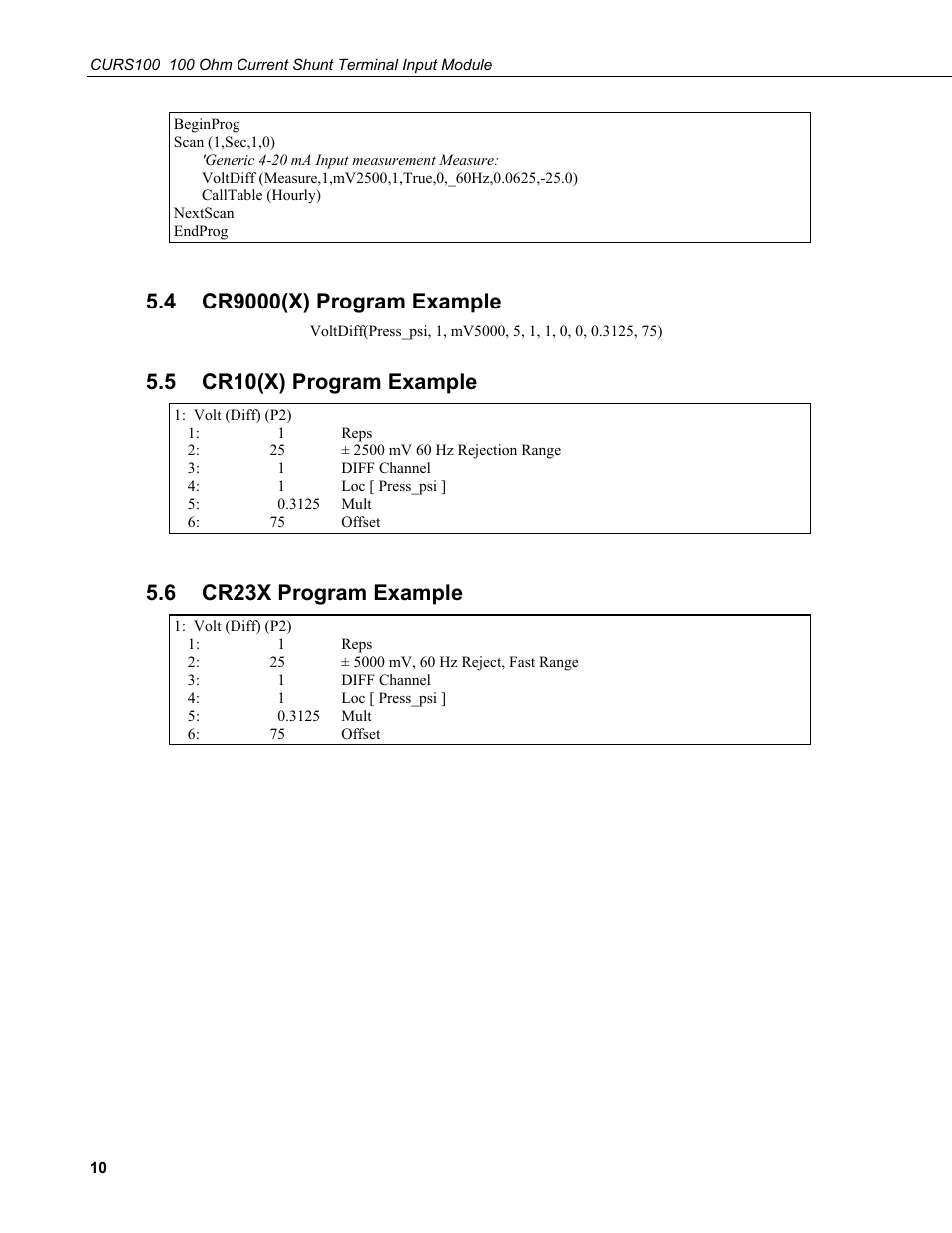 4 cr9000(x) program example, 5 cr10(x) program example, 6 cr23x program example | Cr9000(x) program example, Cr10(x) program example, Cr23x program example | Campbell Scientific CURS100 100 Ohm Current Shunt Terminal Input Module User Manual | Page 16 / 18