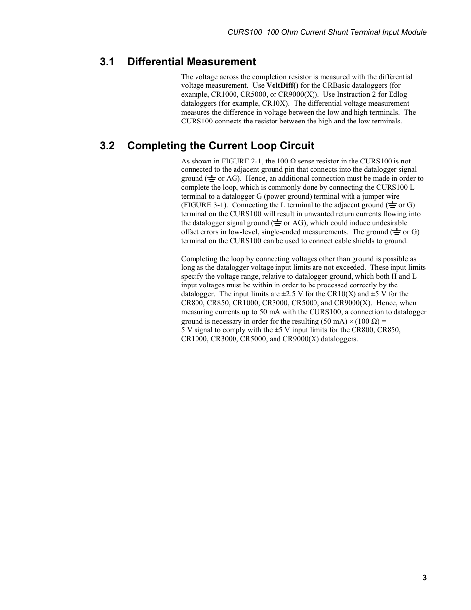 1 differential measurement, 2 completing the current loop circuit, Differential measurement | Completing the current loop circuit | Campbell Scientific CURS100 100 Ohm Current Shunt Terminal Input Module User Manual | Page 9 / 18