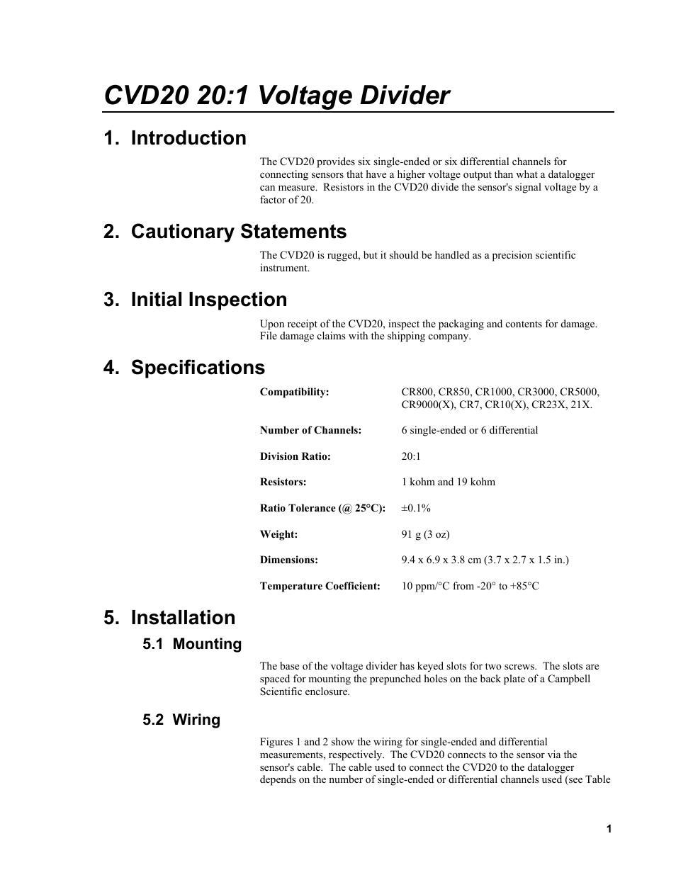 Cvd20 20:1 voltage divider, Introduction, Cautionary statements | Initial inspection, Specifications, Installation, 1 mounting, 2 wiring | Campbell Scientific CVD20 20:1 Voltage Divider User Manual | Page 7 / 12