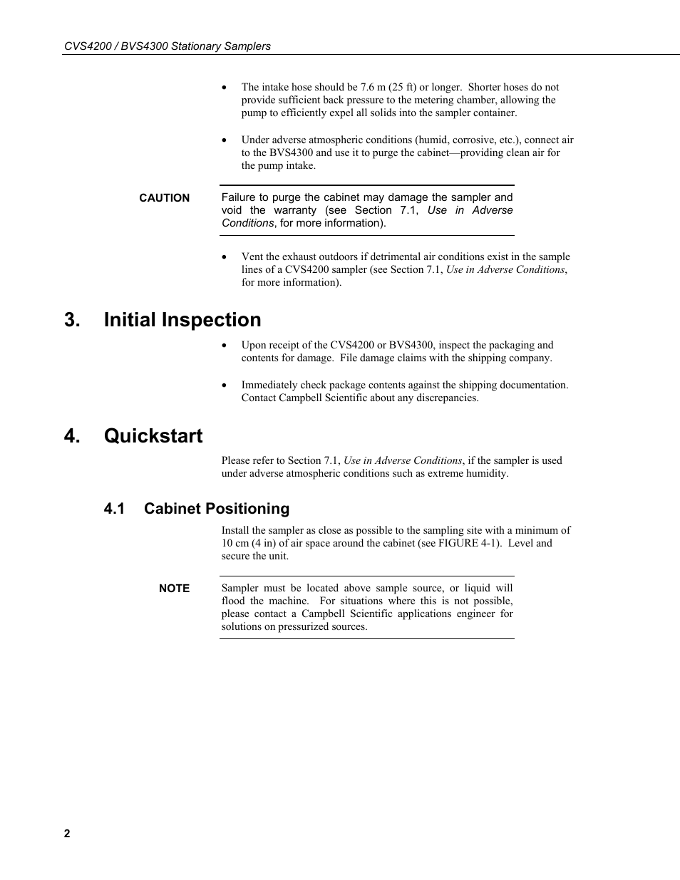 Initial inspection, Quickstart, 1 cabinet positioning | Cabinet positioning | Campbell Scientific CVS4200 / BVS4300 Stationary Samplers User Manual | Page 10 / 92