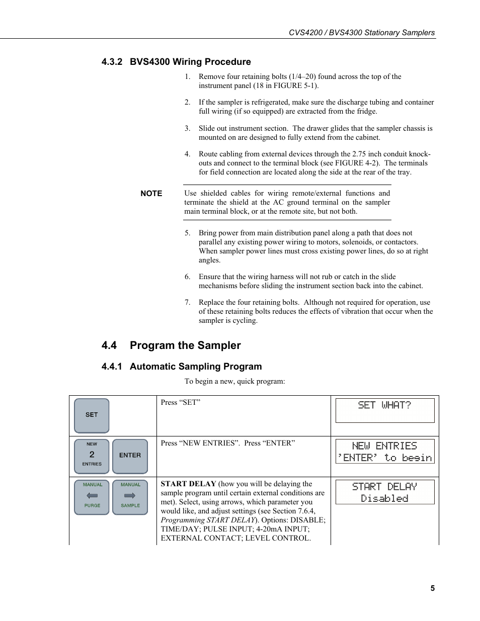 2 bvs4300 wiring procedure, 4 program the sampler, 1 automatic sampling program | Bvs4300 wiring procedure, Program the sampler, Automatic sampling program | Campbell Scientific CVS4200 / BVS4300 Stationary Samplers User Manual | Page 13 / 92
