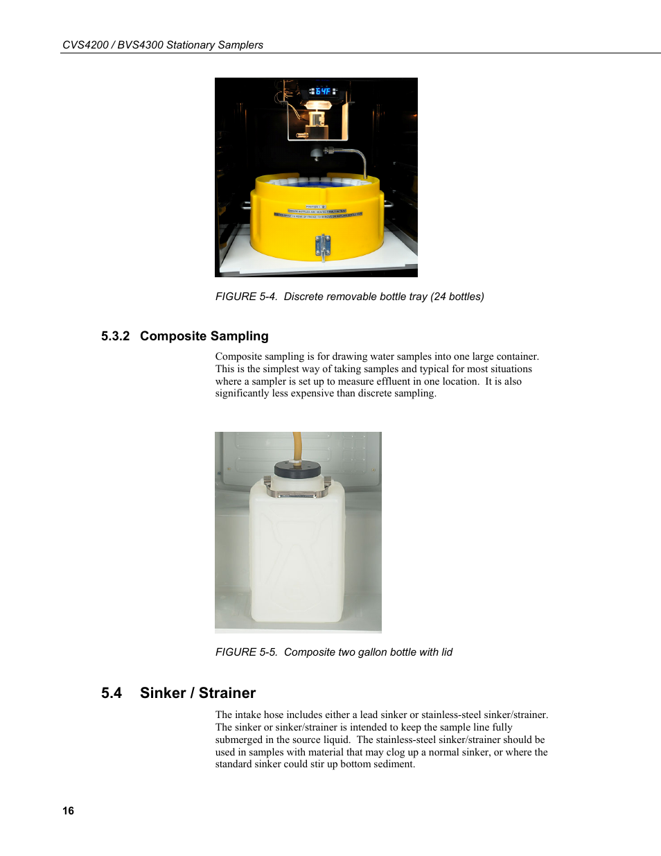 2 composite sampling, 4 sinker / strainer, Composite sampling | Sinker / strainer, 4. discrete, Removable, Bottle tray (24 bottles), 5. composite two gallon bottle with lid | Campbell Scientific CVS4200 / BVS4300 Stationary Samplers User Manual | Page 24 / 92