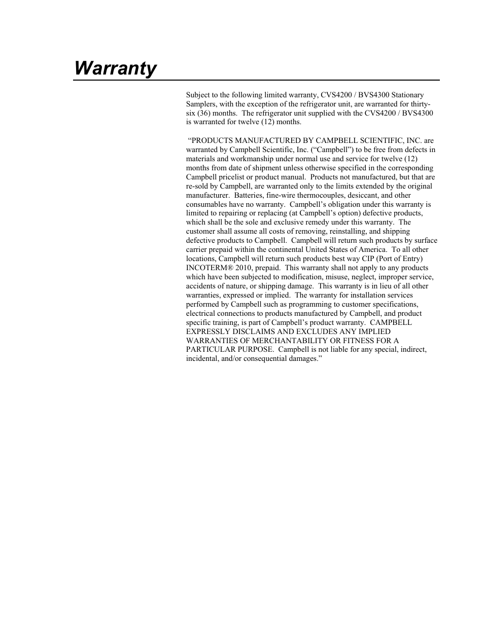 Warranty | Campbell Scientific CVS4200 / BVS4300 Stationary Samplers User Manual | Page 3 / 92
