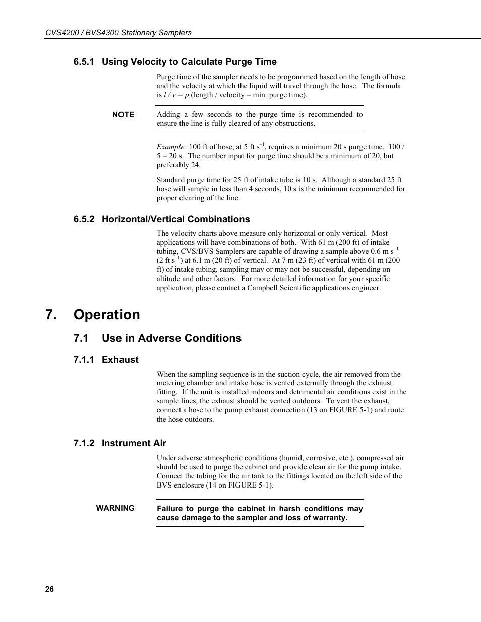1 using velocity to calculate purge time, 2 horizontal/vertical combinations, Operation | 1 use in adverse conditions, 1 exhaust, 2 instrument air, Using velocity to calculate purge time, Horizontal/vertical combinations, Use in adverse conditions, Exhaust | Campbell Scientific CVS4200 / BVS4300 Stationary Samplers User Manual | Page 34 / 92