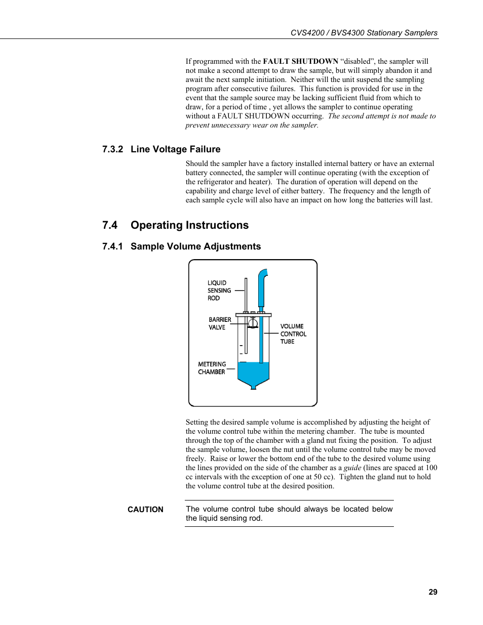 2 line voltage failure, 4 operating instructions, 1 sample volume adjustments | Line voltage failure, Operating instructions, Sample volume adjustments | Campbell Scientific CVS4200 / BVS4300 Stationary Samplers User Manual | Page 37 / 92