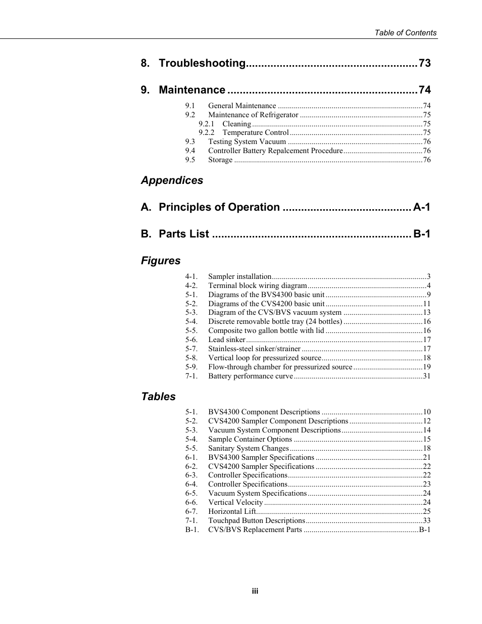 Troubleshooting, Maintenance, Appendices a | Figures, Tables | Campbell Scientific CVS4200 / BVS4300 Stationary Samplers User Manual | Page 7 / 92